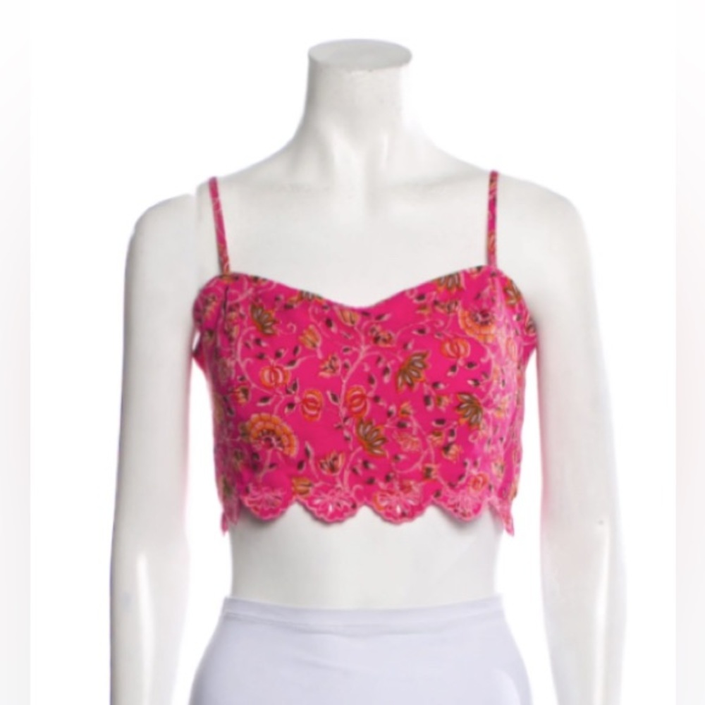 NWOT Caroline Constas Floral Crop Ruched Scalloped Tank Pink